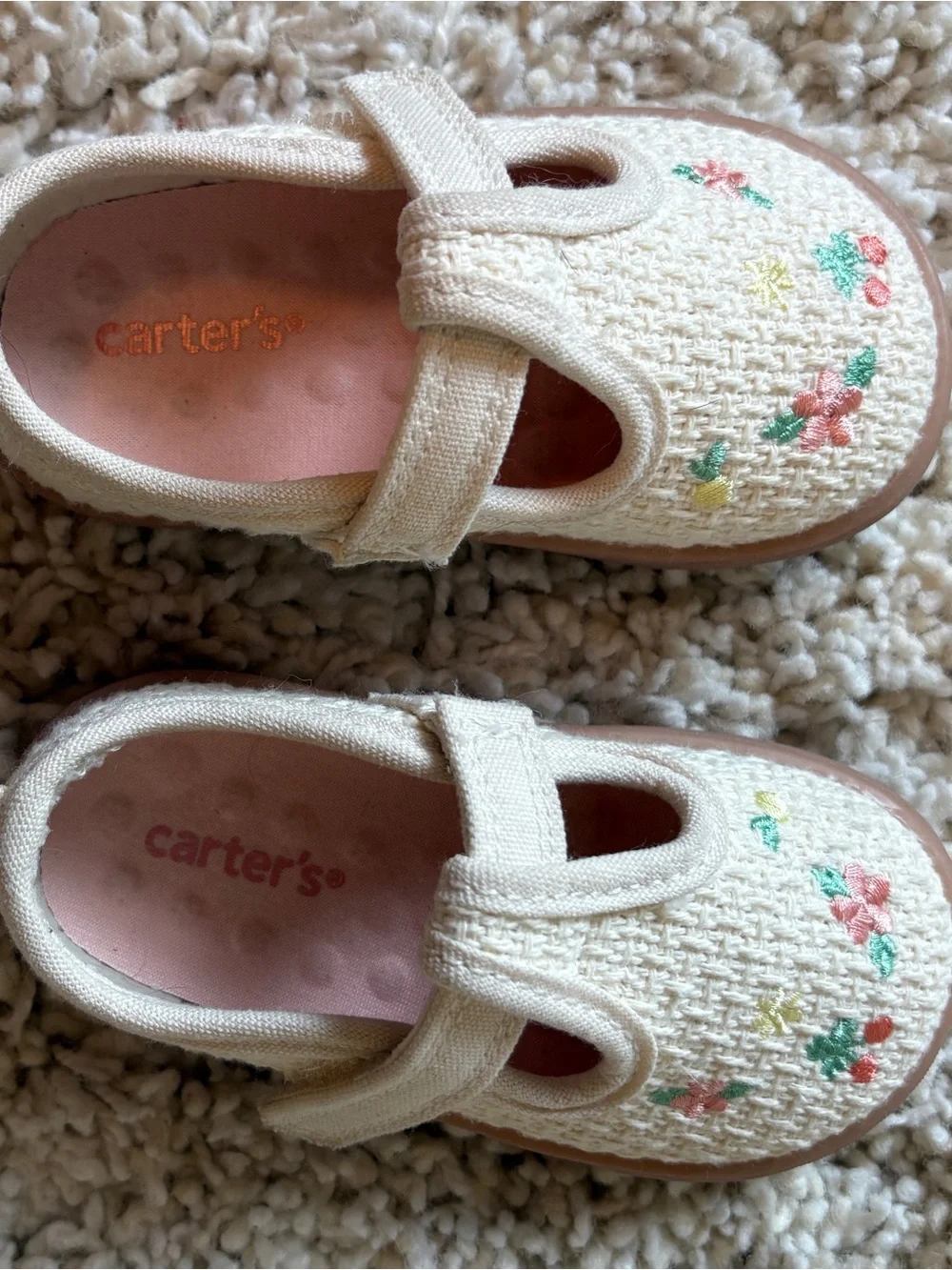 Carter’s Toddler Girls Floral Mary Jane Shoes Cream Embroidered Size 5